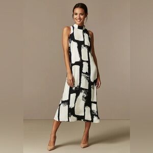 Carre Noir Sleeveless High Neck Black & White Abstract Print A-Line Dress
